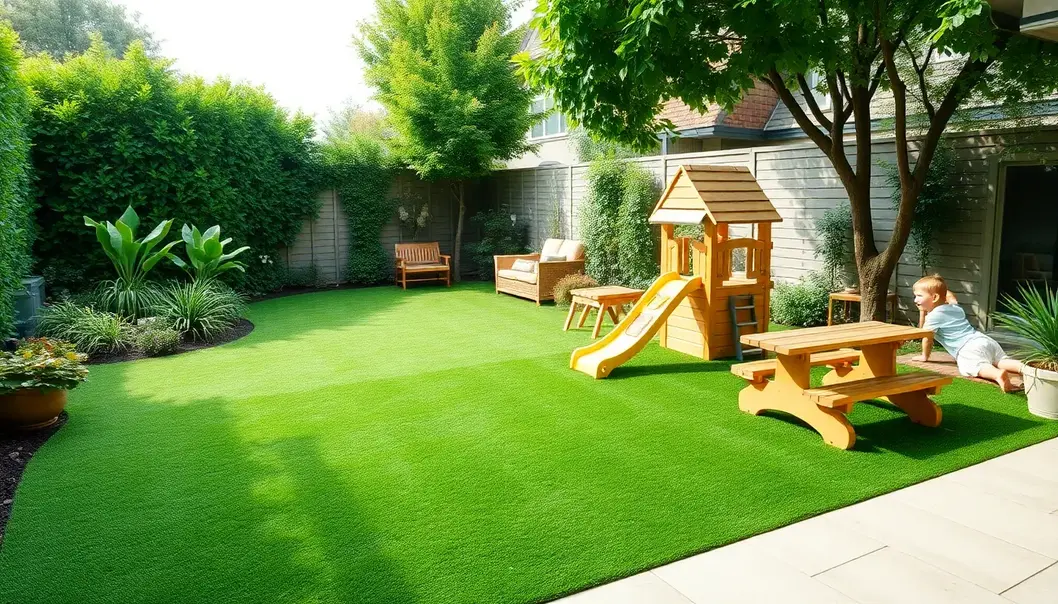 A backyard featuring green spaces and a designated play area, epitomizing family-friendly design.