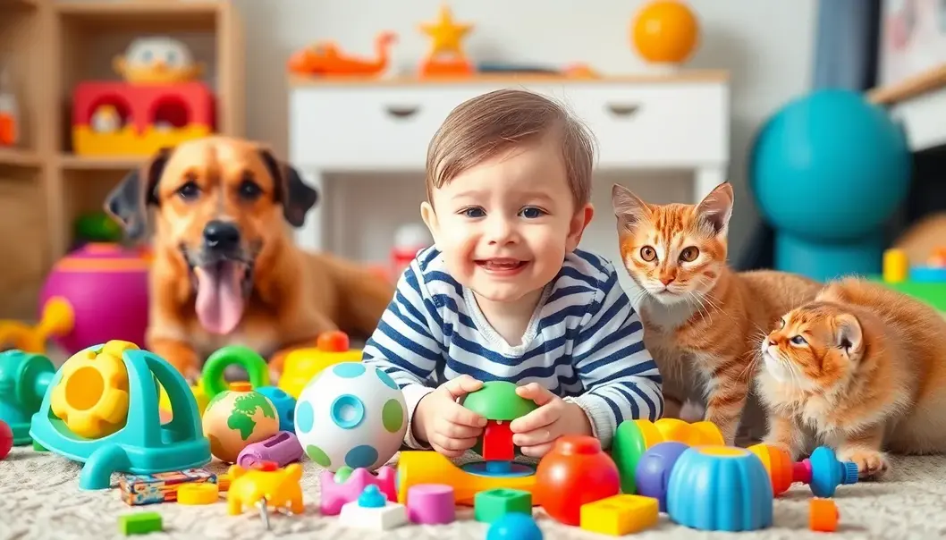 A toddler plays with toys while a dog and cat engage nearby, showcasing interactive fun.