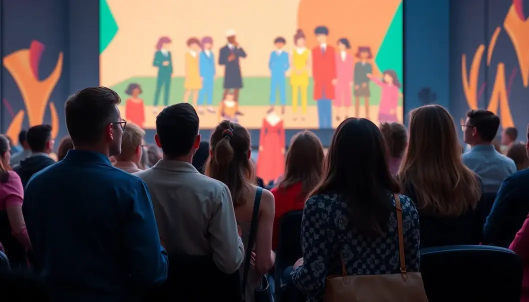 A stylish crowd in a cinema captivated by vibrant clothing designs in an animated film.