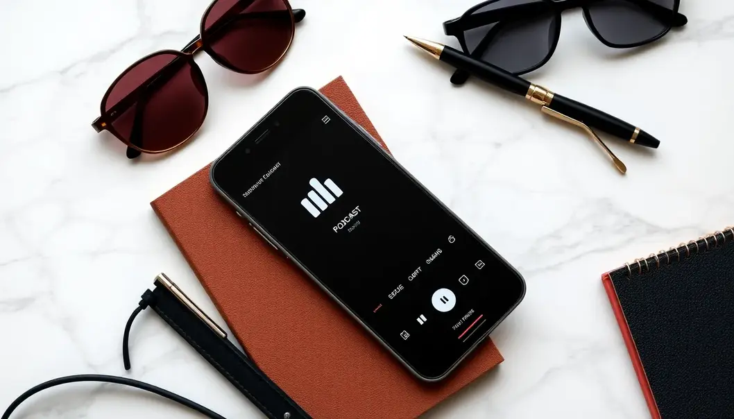 A fashionable flatlay with a podcast app, sunglasses, and fashion accessories.