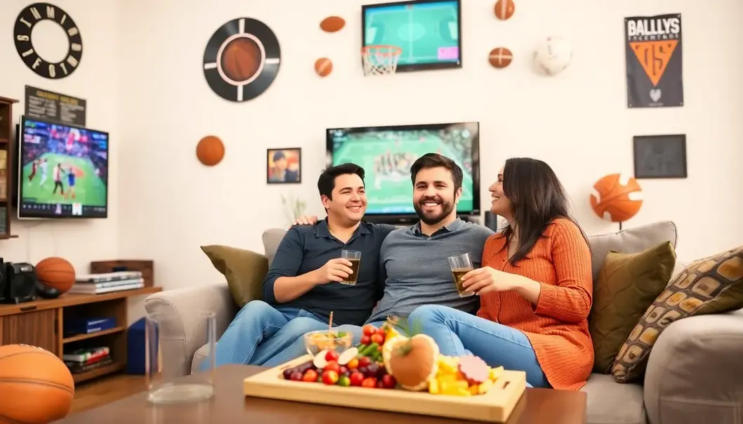 Couple enjoying a sports-themed date night at home with snacks and memorabilia.