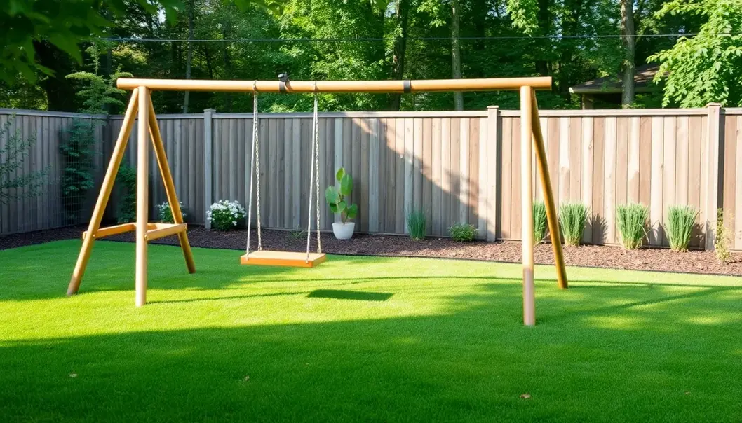 Low-maintenance backyard with artificial turf and native plants.