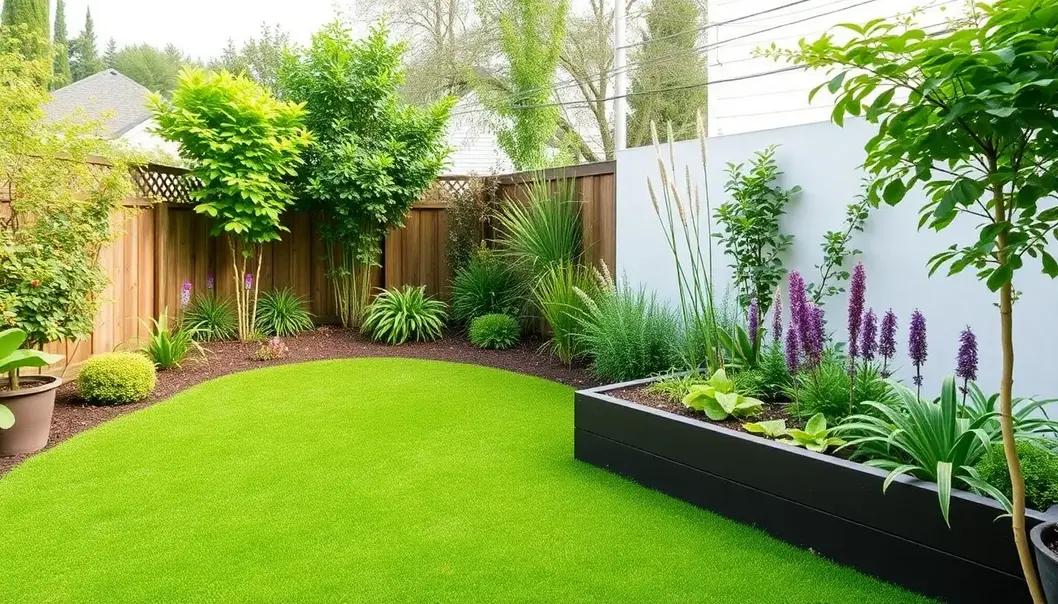 Low-maintenance backyard with artificial turf and native plants.