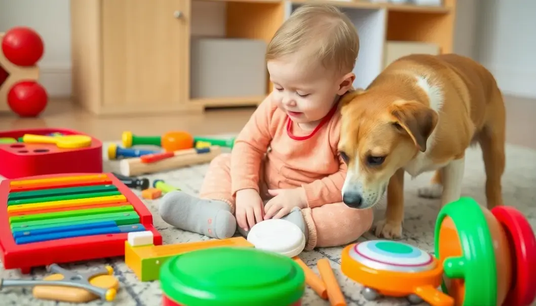 A toddler and a pet bonding over musical toys, creating a space for shared exploration and joy.