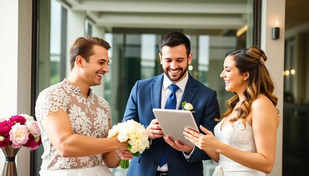 A couple happily engaging with a concierge service provider managing tasks on a tablet.