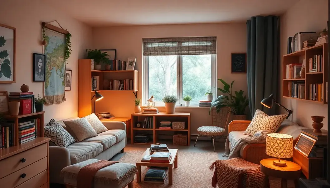 A college reading nook with seating, books, decorations, and warm lighting.
