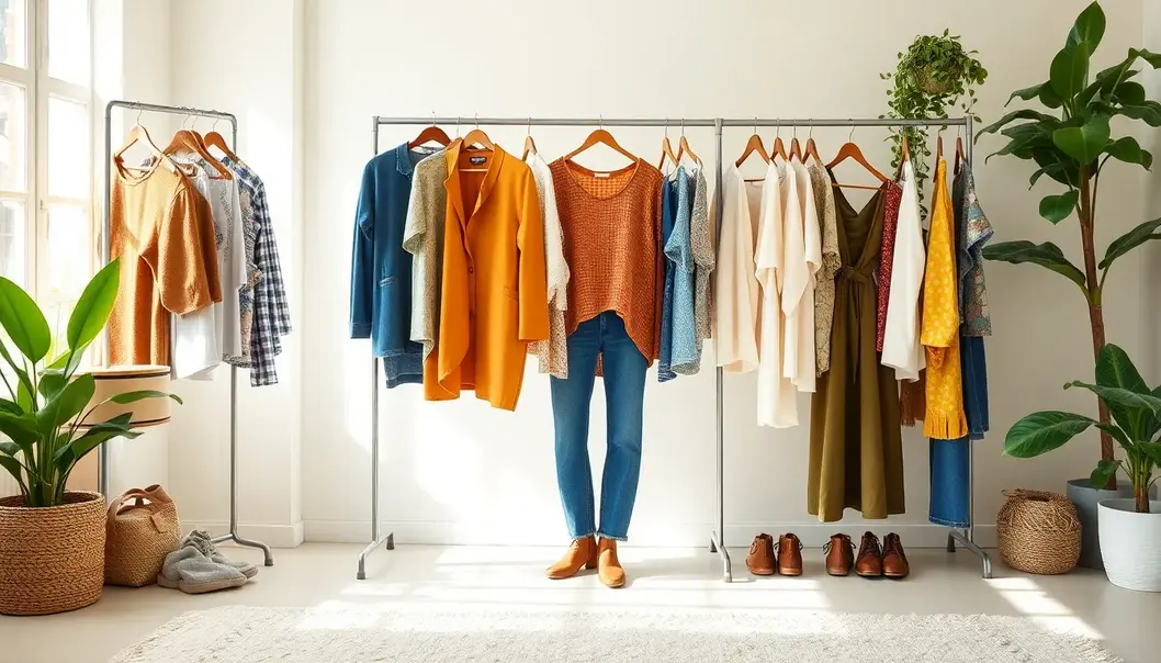 An eco-conscious wardrobe with sustainable clothing, emphasizing style and environmental responsibility.