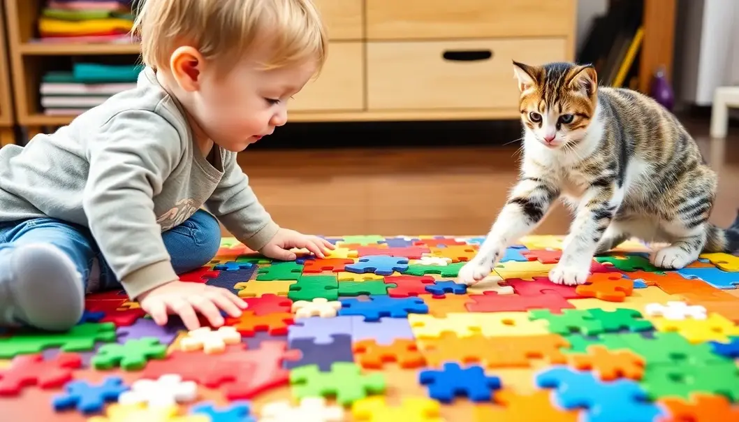 A toddler and a pet bonding over musical toys, creating a space for shared exploration and joy.
